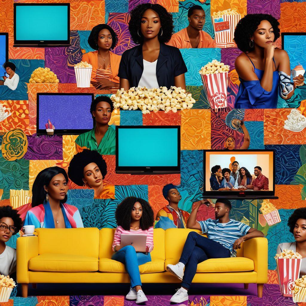 A collage of iconic scenes from popular web series, featuring diverse characters and dramatic moments, with a glowing television screen at the center symbolizing streaming entertainment. The background should be filled with vibrant colors and abstract patterns representing digital connectivity and binge-watching culture. Include popcorn and a cozy couch in the foreground to evoke a sense of comfort. vibrant colors. 3D. cinematic.