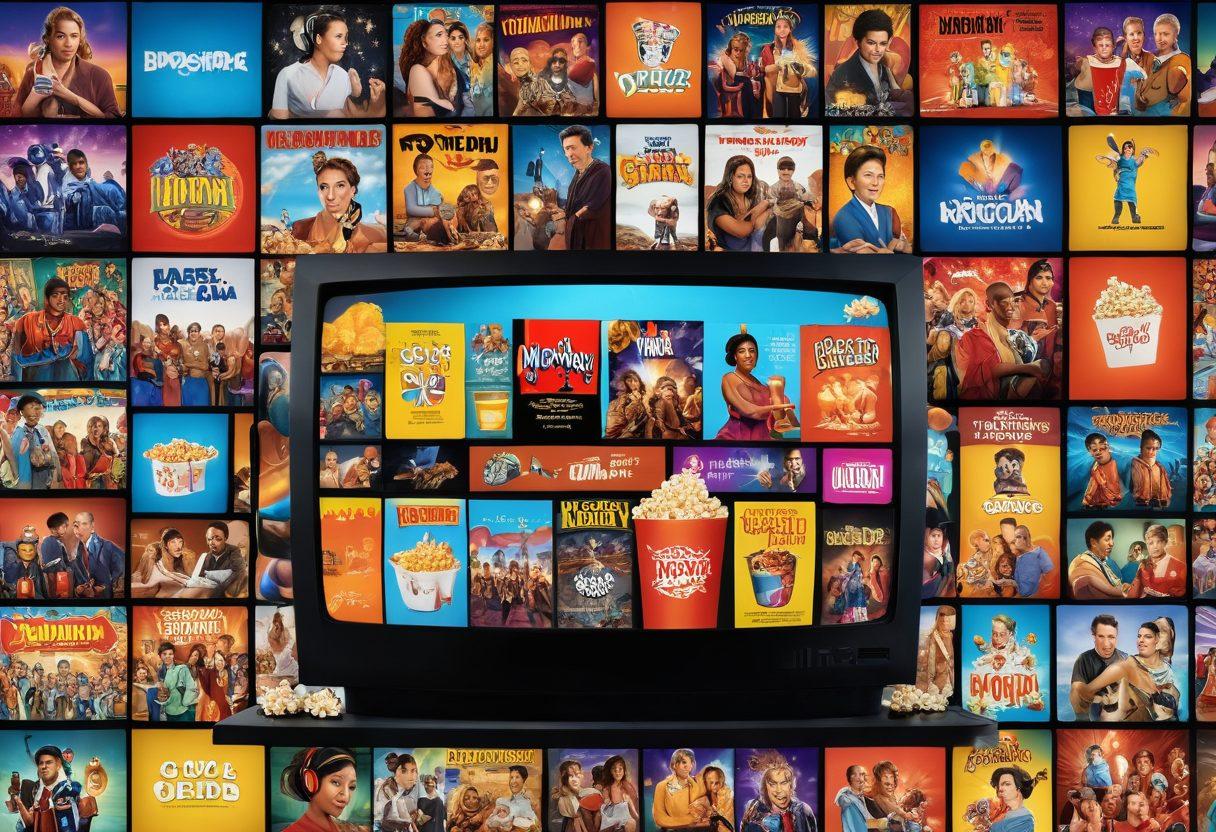 A dynamic collage featuring a large, glowing television screen showcasing various vibrant movie and series thumbnails, surrounded by popcorn, headphones, and a drink. Illustrate diverse characters from popular shows and films emerging from the screen in an energetic pose, with colorful streaming icons floating around. The background should be a fun, upbeat home entertainment setup. super-realistic. vibrant colors. 3D.