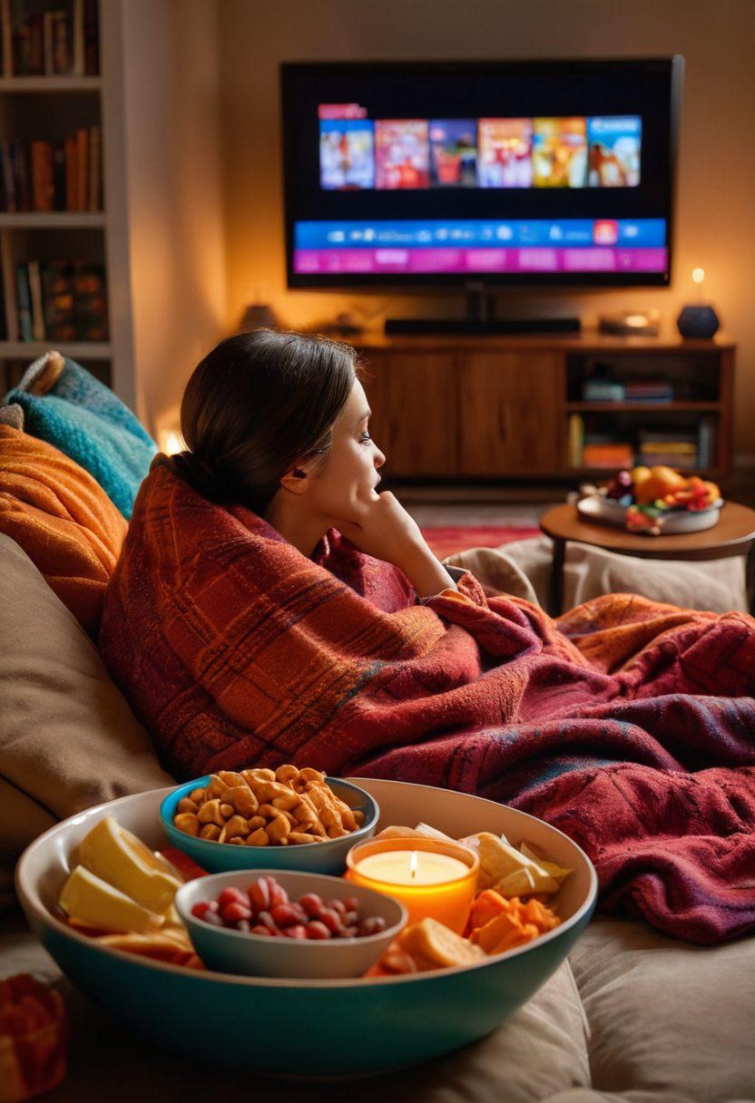 A cozy, inviting living room scene with a person wrapped in a blanket, intensely focused on a TV screen glowing bright with vibrant colors. Surrounding them are snacks in stylish bowls and a stack of binge-worthy DVDs. The warm lighting radiates a feeling of comfort and excitement, symbolizing the ultimate binge-watching experience. super-realistic. warm tones. cozy atmosphere.